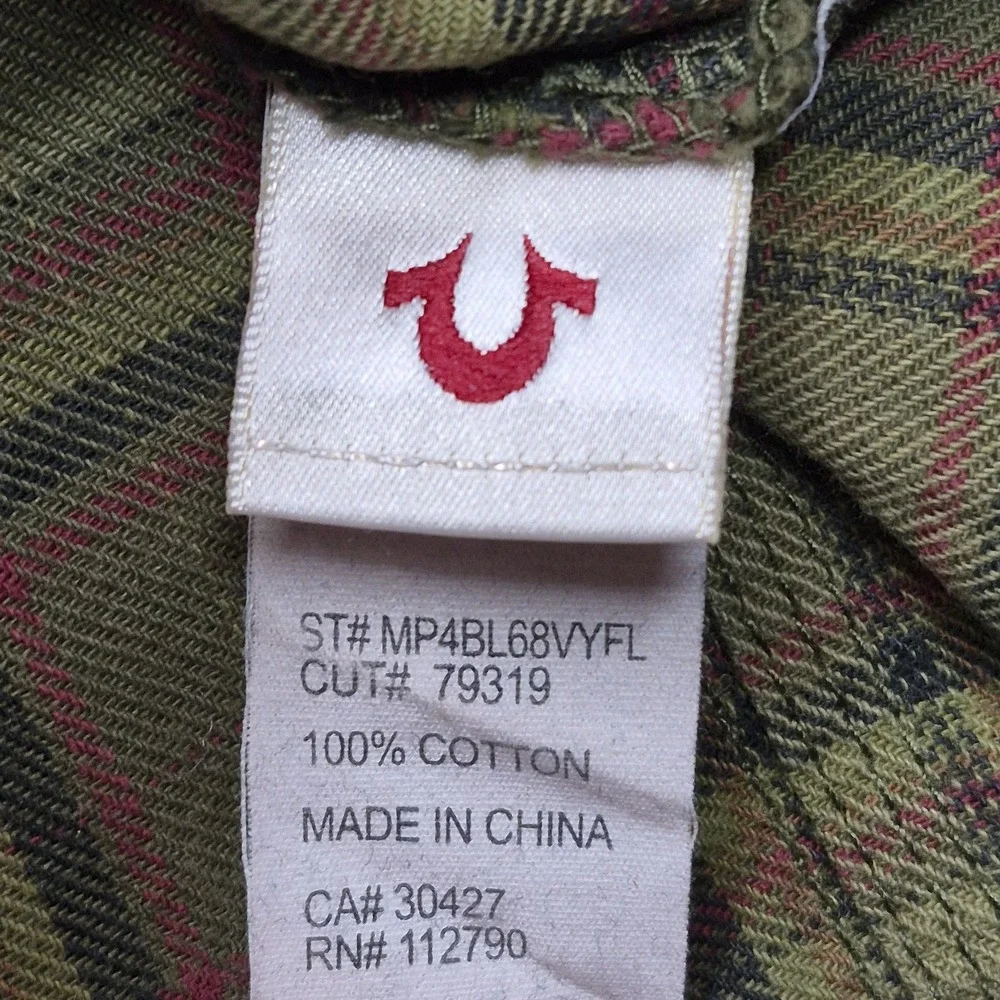True Religion Shirt Mens 3XL Olive Green Western Pearl Snap Plaid Long Sleeve